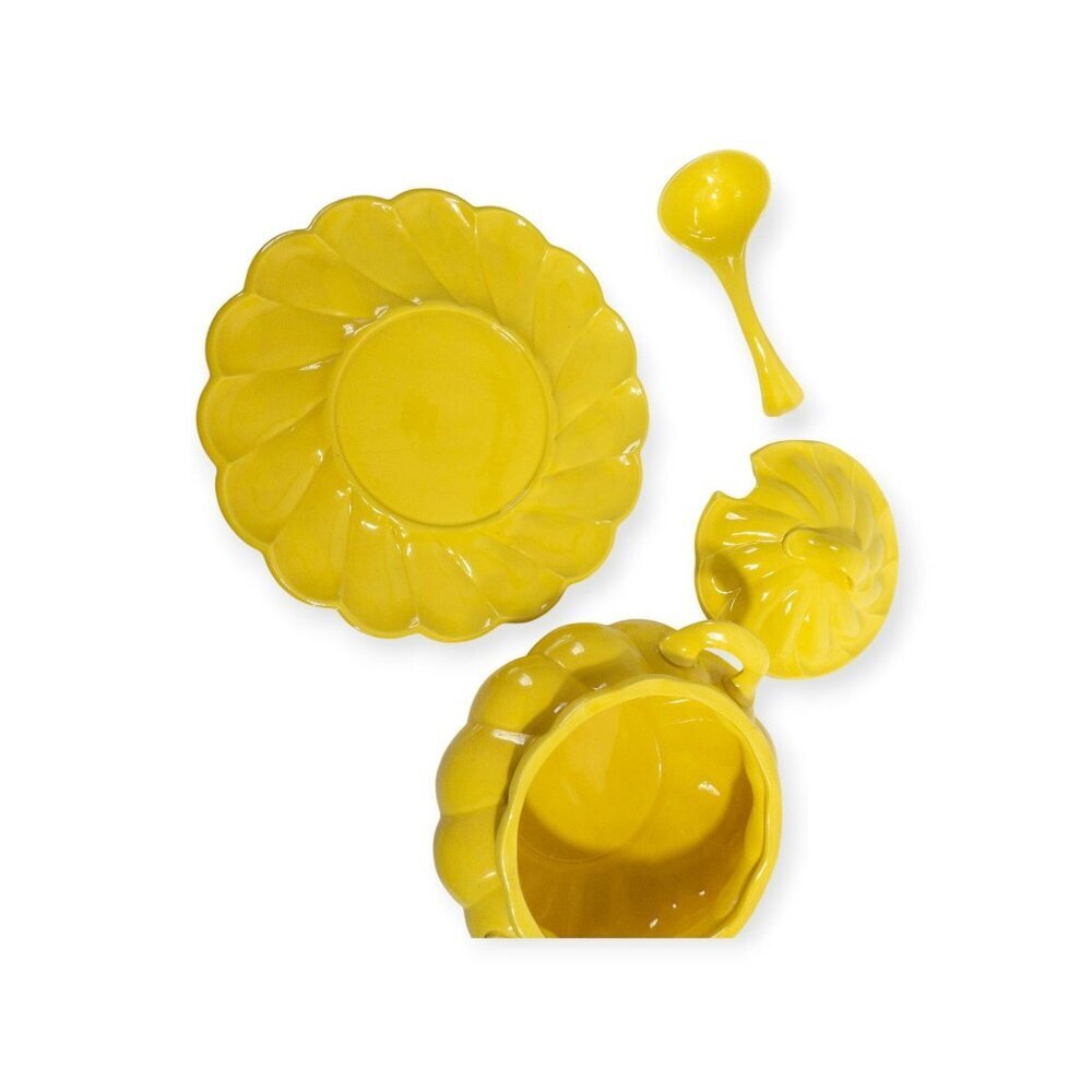 Vintage Sunshine Yellow Ceramic Tureen Set With Lid Matching Plate & Serving Spo - Picture 3 of 16